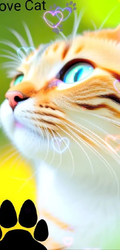 A colorful close-up of a curious cat with bright eyes and a vibrant yellow-green background.