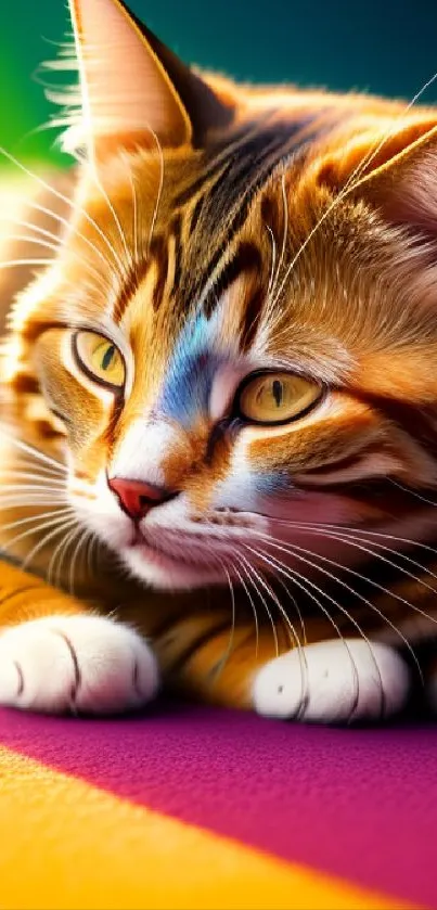 Vibrant cat lying on colorful surface, glowing in warm light.