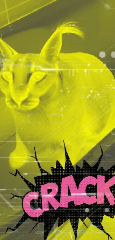 Neon yellow cat pop art design with comic-style crack text in pink.