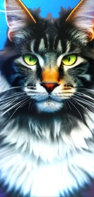 Vibrant cat with green eyes on a colorful gradient background.