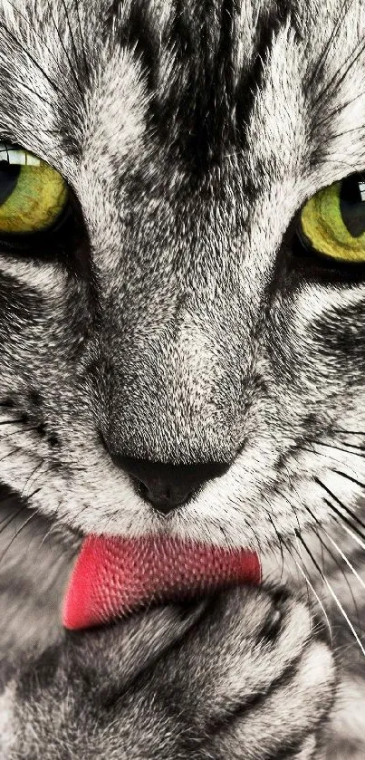 Close-up image of a cat with vivid green eyes and a pink tongue.