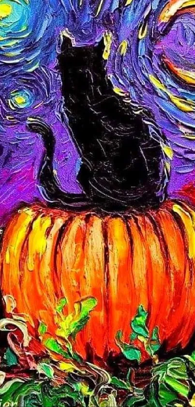 Black cat on pumpkin under starry sky with vibrant colors.