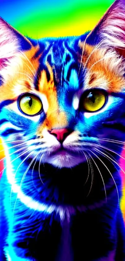 Blue cat with a rainbow background, vibrant and colorful design.