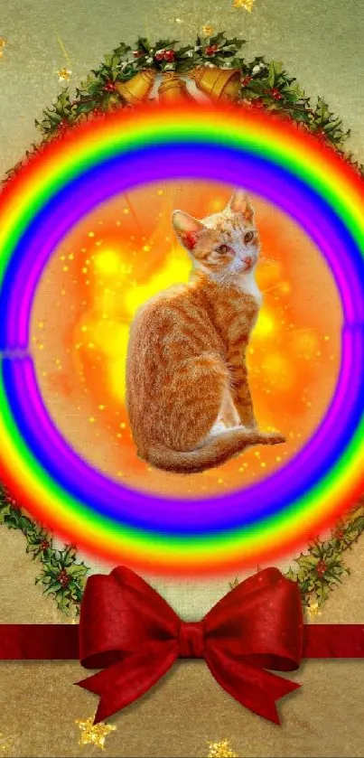 Colorful design with a cat and rainbow surrounded by festive decor.