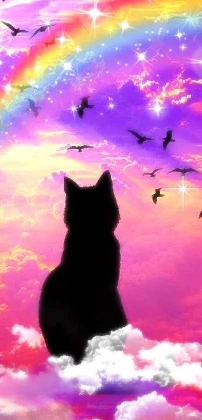 Silhouette of a cat with a rainbow in a vibrant sky filled with birds.