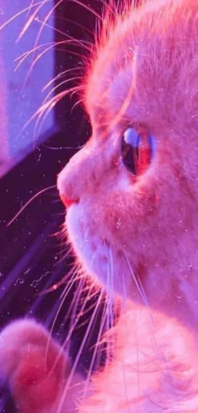 Fluffy cat gazing outside with vibrant purple and pink hues.