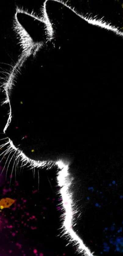 Silhouette of a black cat with vibrant paint splatters.