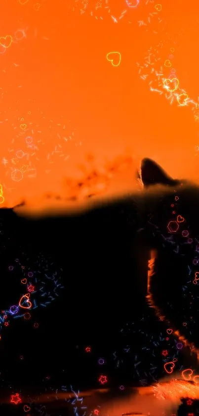 Cat silhouette on orange background with colorful heart patterns.