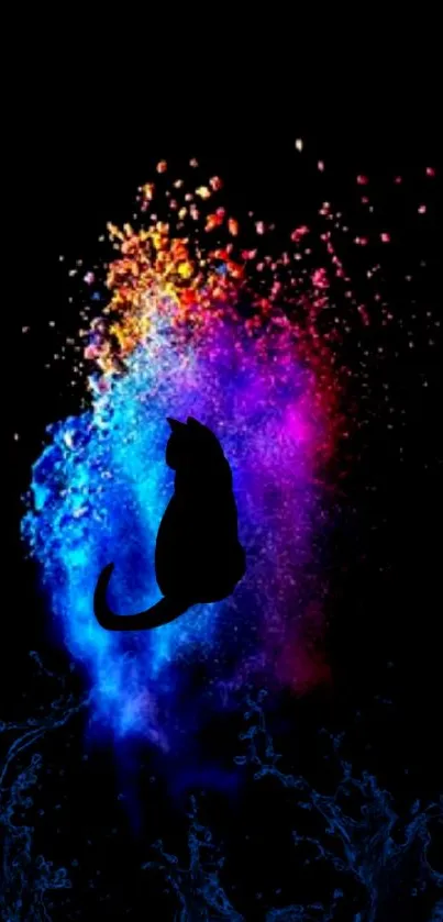 Silhouette of a cat against colorful paint splash.