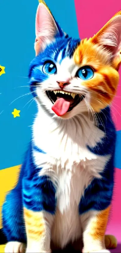 Vibrant cartoon cat on colorful geometric background.