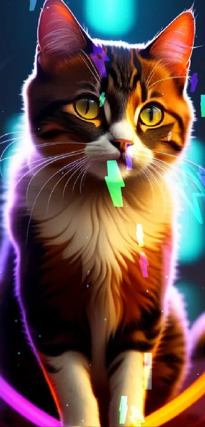 A vibrant digital artwork of a cat with glowing neon colors and dynamic lighting.