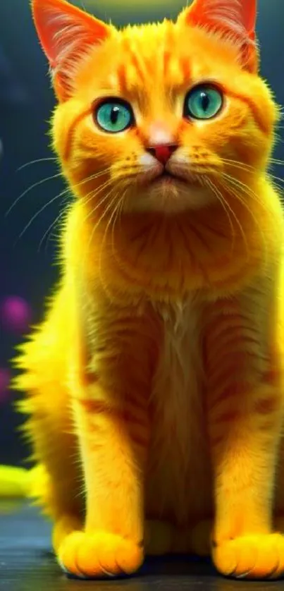 Vibrant orange cat with green eyes against dark background.