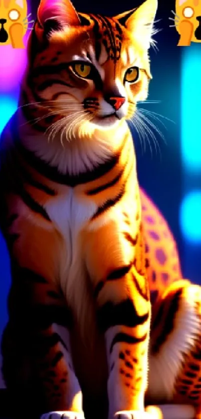 Vibrant cat with neon lights background.