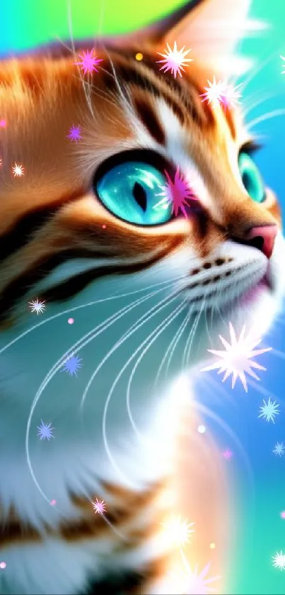 Cute cat with blue eyes in a colorful, vibrant background.