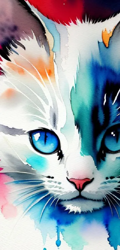 Vibrant watercolor cat art with blue eyes and colorful splashes.