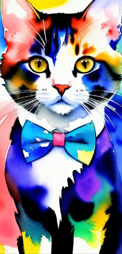 Vibrant watercolor cat with colorful bow tie.