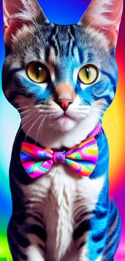 Vibrant blue cat with colorful bow tie in rainbow background.