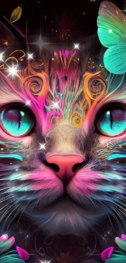 Colorful cat with butterflies and flowers in vibrant digital art.