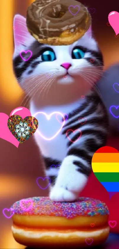 Cute cat with colorful hearts and donuts in vibrant wallpaper.