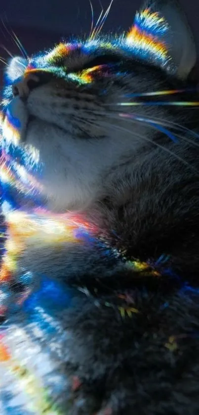 A cat illuminated by rainbow light, creating a vibrant and colorful visual effect.