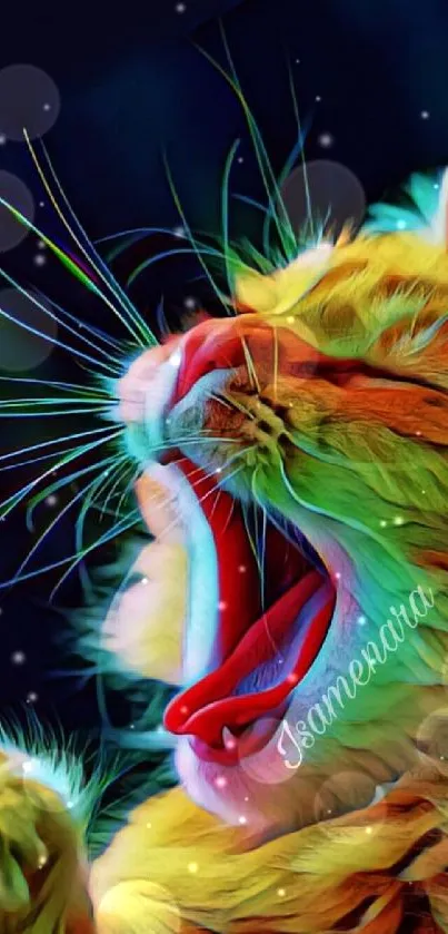 Artistic image of a yawning cat in vibrant colors.