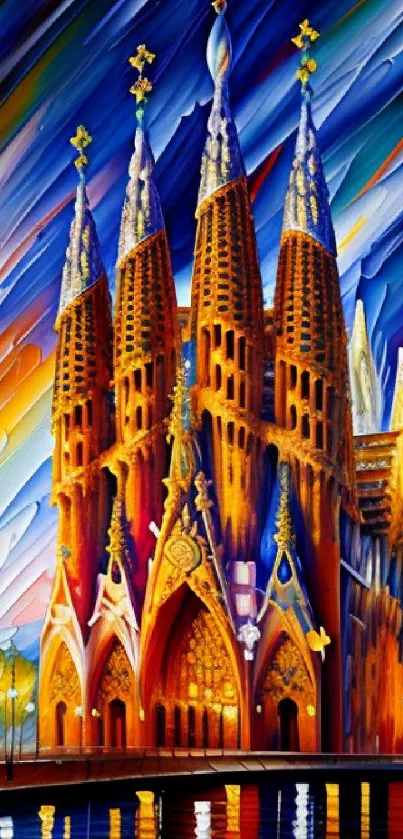 Abstract painting of a vibrant cathedral with colorful, luminous designs.