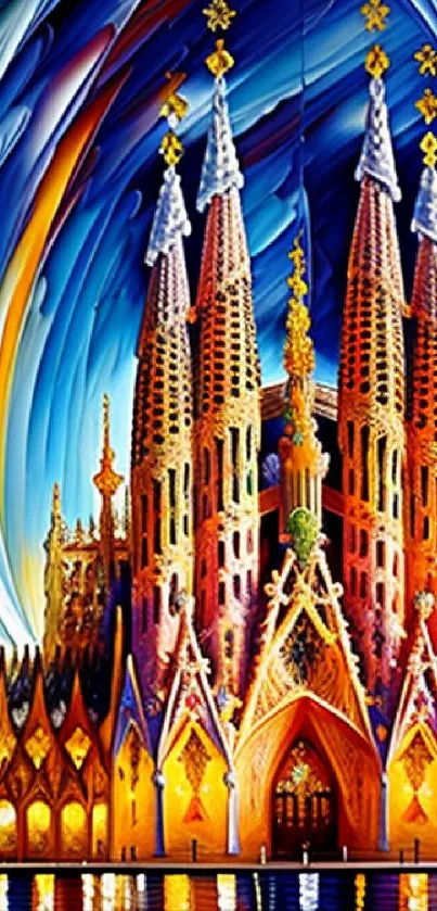 Vibrant cathedral artwork with rich colors and intricate design.