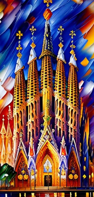 Colorful cathedral art wallpaper with vibrant blue and orange brush strokes.