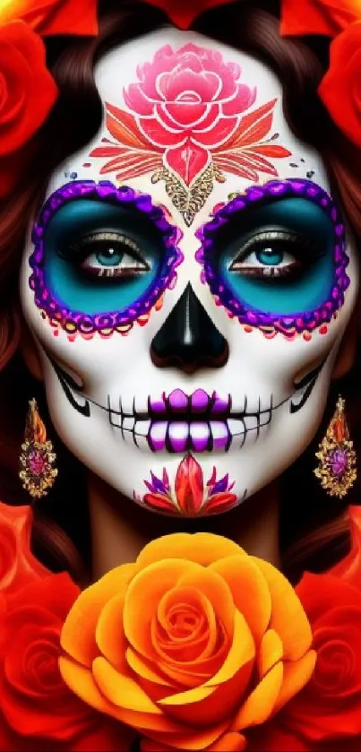 Colorful Day of the Dead Catrina skull with vibrant floral designs.