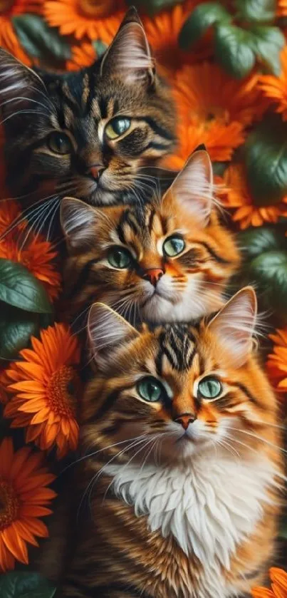Three cute cats among vibrant orange flowers.