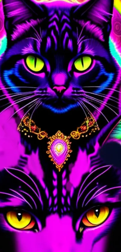 Neon cat art wallpaper with vibrant colors and glowing details.