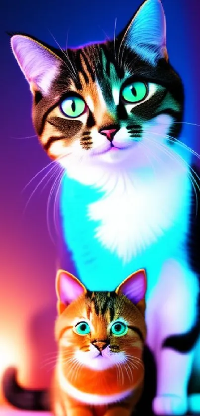 Colorful neon wallpaper with two cats, glowing eyes, vibrant hues.