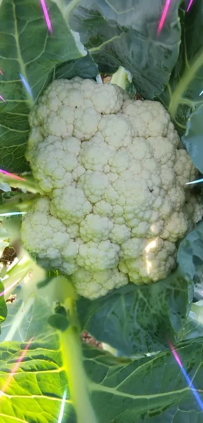 Lush green leaves embracing a large cauliflower with colorful streaks.