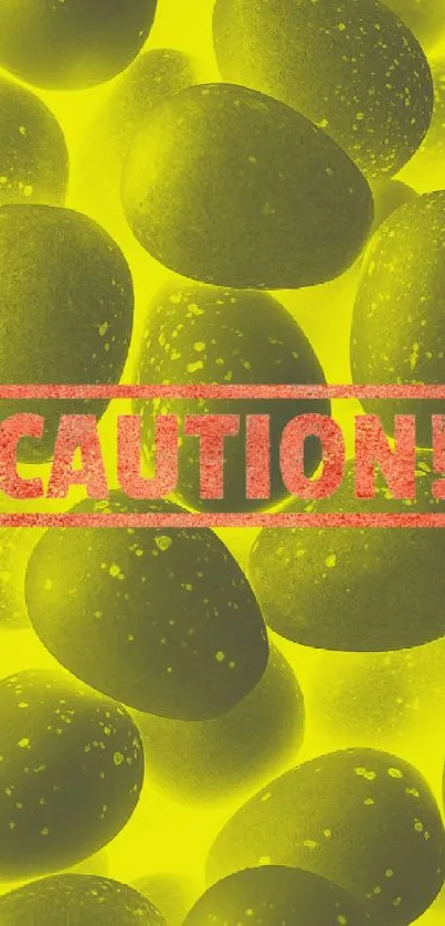 Vibrant caution-themed wallpaper with eggs on neon yellow background.