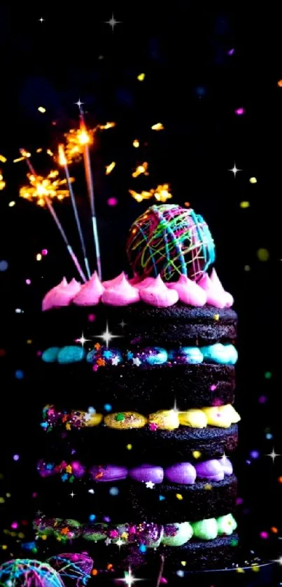 Colorful celebratory cake with sprinkles and vibrant decorations against a dark background.