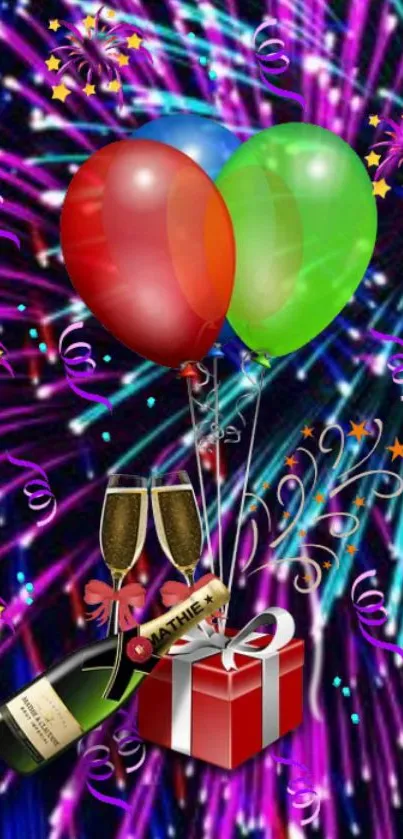 Colorful festive wallpaper with balloons, champagne, and fireworks in purple shades.