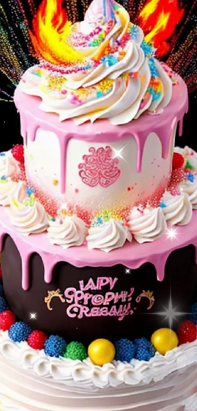 Vibrant multi-layered cake with colorful decorations and firework effects.