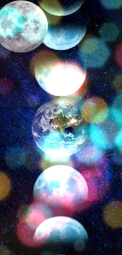 Vibrant wallpaper of Earth and moons with cosmic bokeh effects.