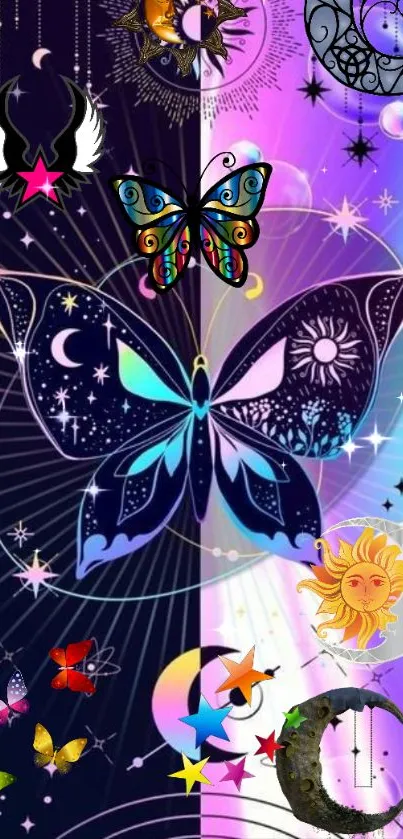 Vibrant butterfly with cosmic theme and celestial symbols in purple and blue hues.