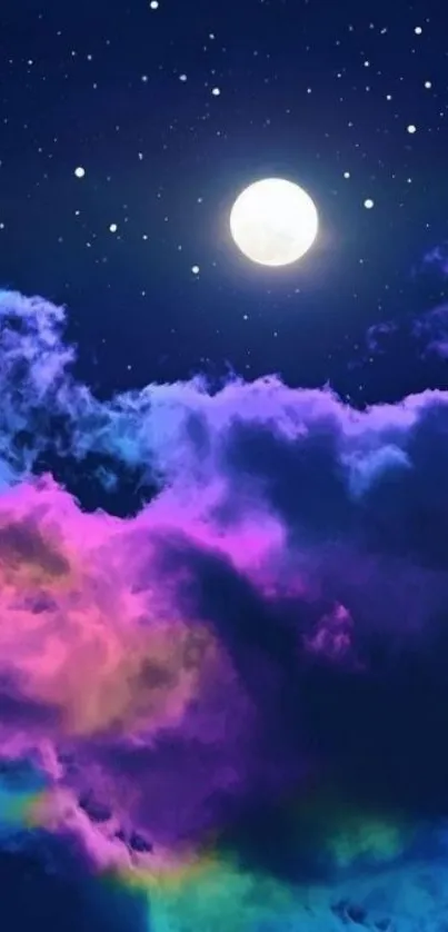 Mobile wallpaper with colorful clouds and moon.