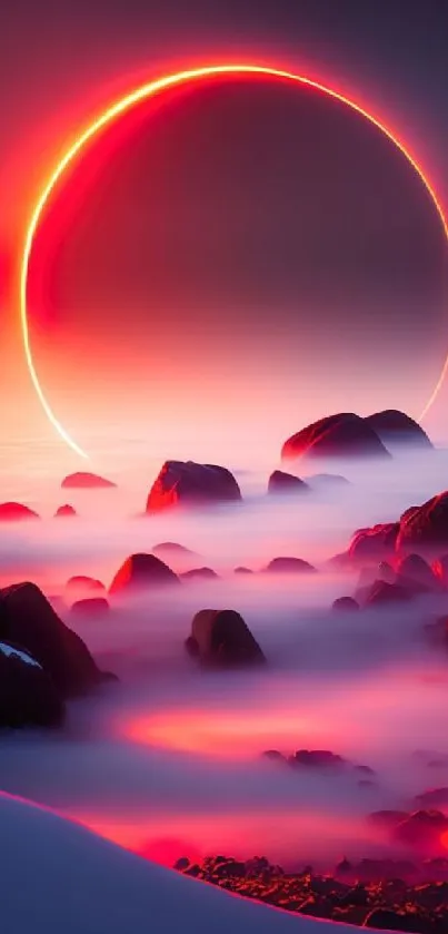 Vibrant red eclipse over misty rocks at dusk.