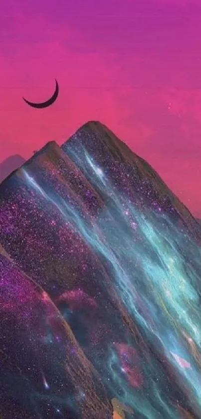 Surreal mountain with pink sky and crescent moon.