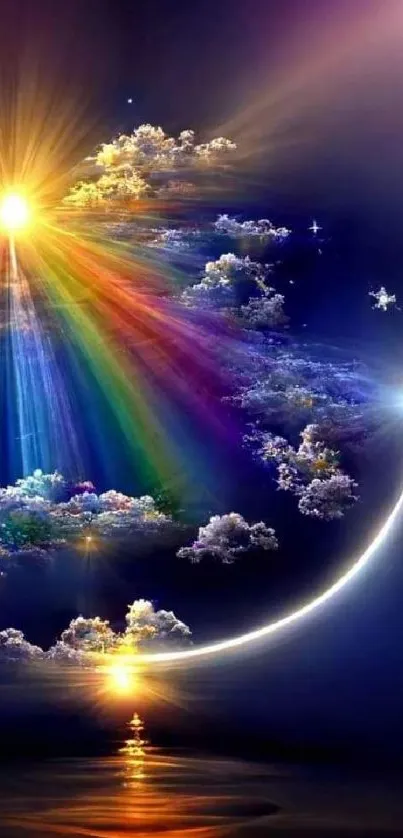 Vibrant celestial wallpaper with rainbow lights and ethereal clouds.