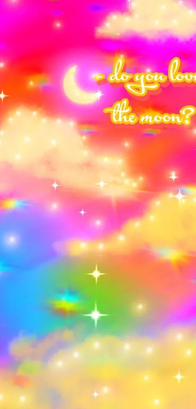 Vibrant celestial wallpaper with moon and colorful clouds.