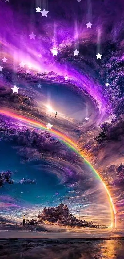 Vivid cosmic fantasy sky with rainbow and stars.