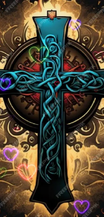 Vibrant Celtic cross wallpaper with colorful hearts and intricate designs.