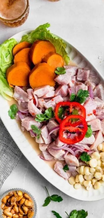 A vibrant ceviche dish with peppers and greens.