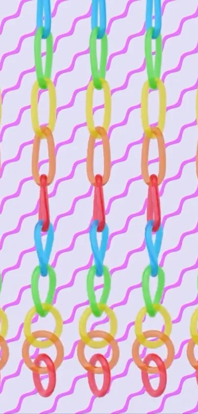 Colorful chain pattern with wavy pink lines.