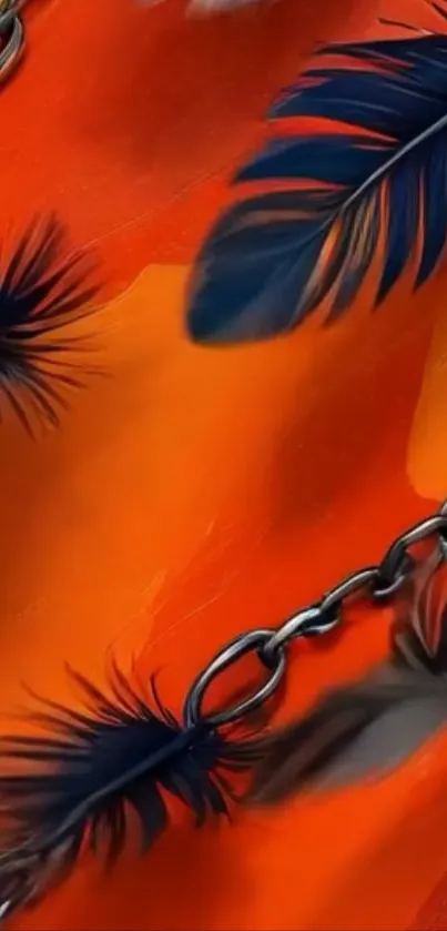 Abstract wallpaper with orange background, chains, and feathers.