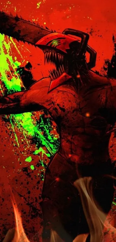 Chainsaw figure on a vibrant red background with green splatter.